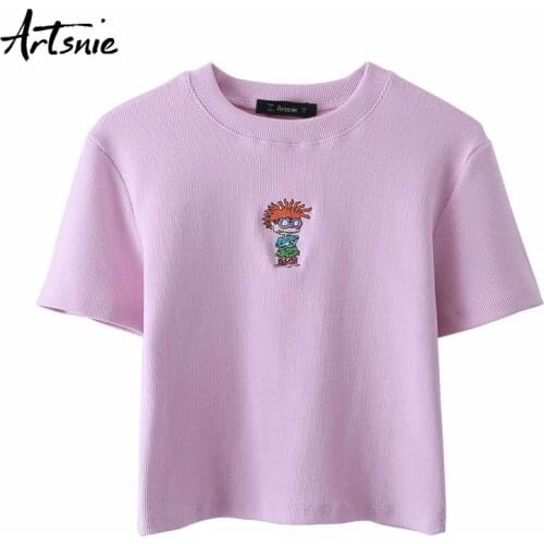 Artsnie cartoon embroidery women t shirt summer o neck short sleeve crop tops streetwear casual purple cropped t-shirt mujer