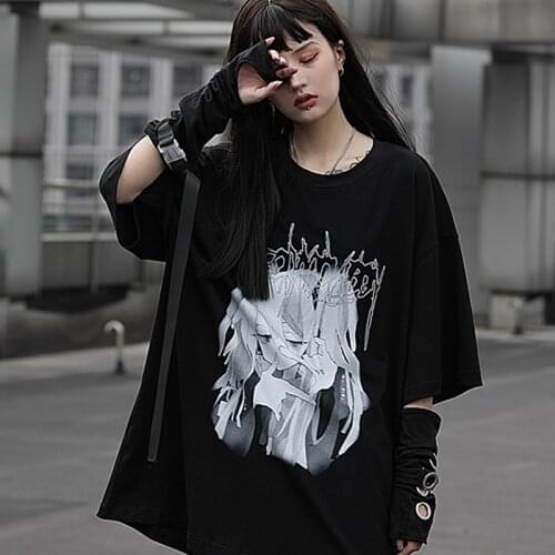 Anime Cartoon Print Kawaii Tops Harajuku Black Vintage Dropshipping Short Sleeve Women T-Shirts Punk Gohtic Y2K Cotton Clothes
