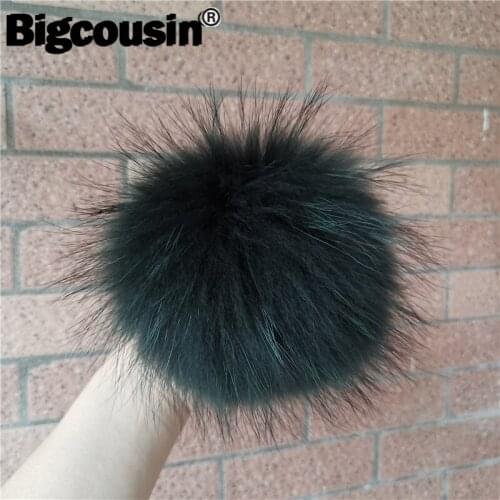 1PC Real Fur Pompoms 14-15cm Dark Green Fluffy Handmade Natural Raccoon Fur Pom Pom For Beanie knitted Hats DIY Accessories