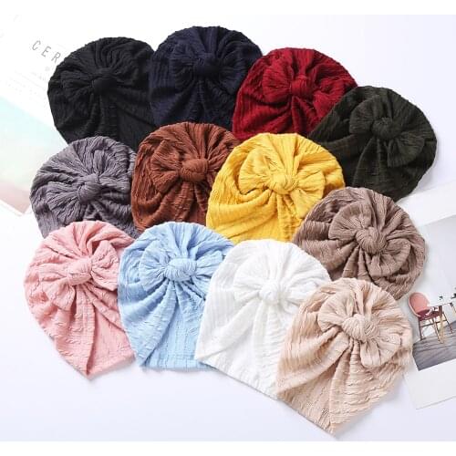 10Pcs/Lot Solid Cotton Knitted Baby Hat Cute Bow Topknot Boy Girl Winter Cap High Elastic Newborn Turban Headwrap Thick Beanies