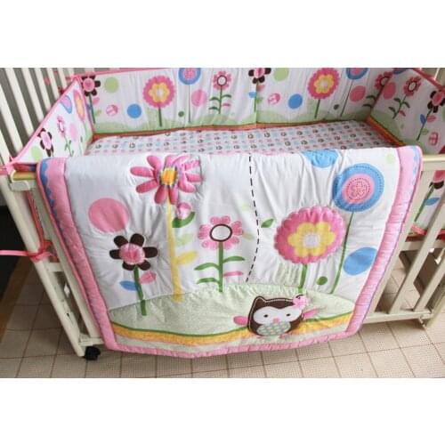 Promotion! 7PCS Embroidery 100% Cotton Baby Quilt Nursery Cot Crib Bedding Set Bumper (bumper+duvet+bed cover+bed skirt)