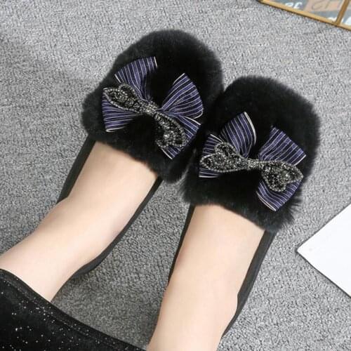34-43 big size winter shoes glitter lace bow rabbit fur flats women crystal flower buckle plush loafers lady furry creepers s505