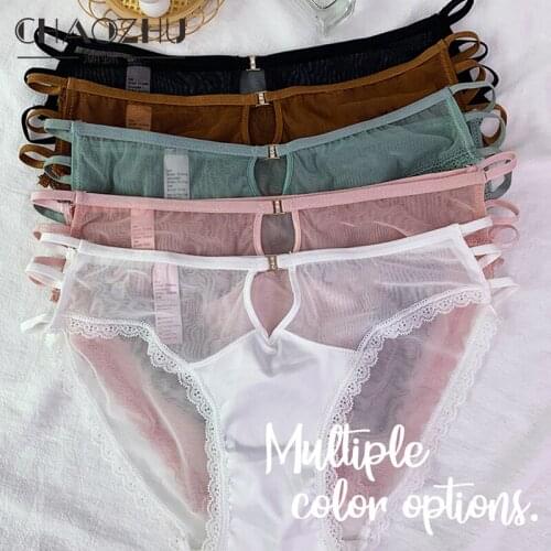 CHAOZHU Satin Lace Underwear Briefs Net Yarn Patchwork String Side Hollow French Sensual Woman Panties Free Size Sexy Lingerie