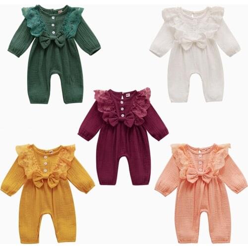Infant Baby Romper 2020 Baby Girls Long Sleeve Lace Jumpsuit Cute Bowknot Solid Color Romper for Kids Girls 5 Colours
