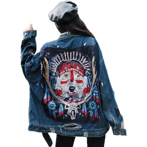 Jeans Jacket Women Streetwear Fashion Beaded Embroidered Denim Jacket Lapel Long Sleeves Hip hop Female Loose Jeans Coat