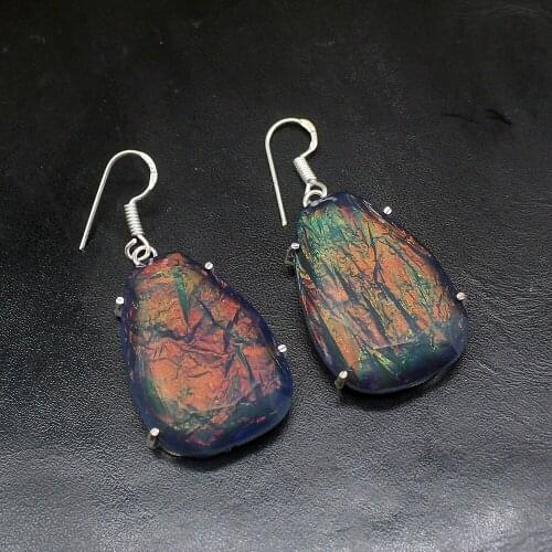 Gemstonefactory Big Promotion Unique 925 Silver Natural Dichroic Glass Perfect Women Ladies Gifts Dangle Drop Earrings 20211858