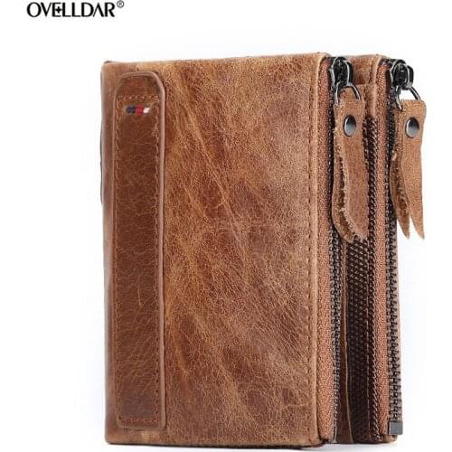 Fashion Mens Genuine Leather Wallet Retro Cowhide Coin Purses Short Male Wallet Multifunction Zipper Purses Men Solid Color