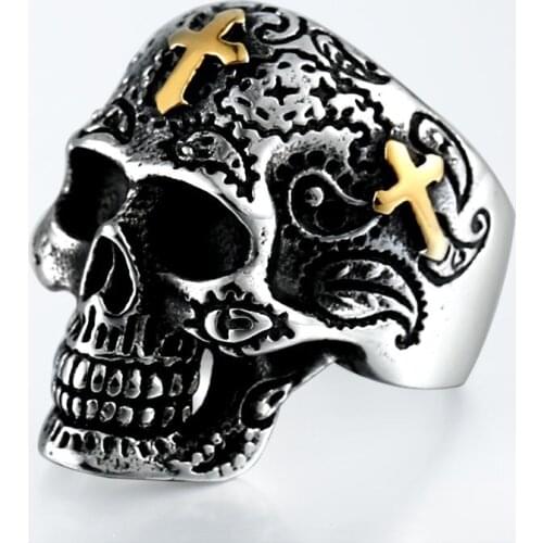 FDLK Mens Fashion Vintage Gothic Cross Funny Skull Retro Flower Design Cool Sugar Skull Classics Biker Ring