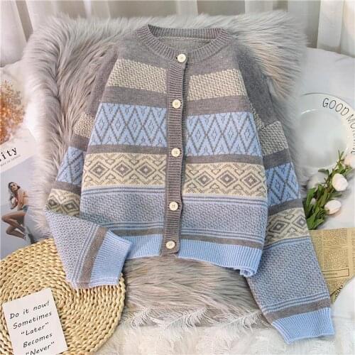 Korobov 2021 New Autumn Winter Women Cardigans Sweaters Vintage Hit Color Patchwork Knitted Cardigan Japanese Cute Sueter Mujer