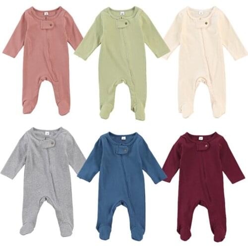 0-6M Newborn Baby Boys Girls Solid Rompers Spring Autumn Infant Long Sleeve Round Neck Zip-up Footed Jumpsuit One Pieces