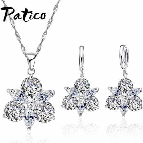 Romantic Rose Flower CZ Crystal Earrings Necklace Set 925 Sterling Silver Chain Jewelry Sets Wedding Valentines Gifts