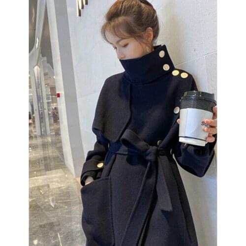 Woolen Coat Female Long Section Solid Outerwear 2021 Spring Autumn New Thick Fashion Winter Outerwear Belt Women Clothing
