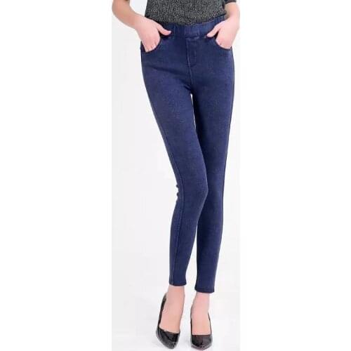 Women Spring Autumn Elastic Waist Skinny Denim Leggings Ladies Faux Jeans Leggins Push Up Stretchy Pencil Pants with Pocket