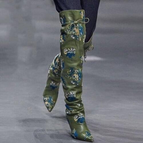 Embroidered Over The Knee Slouch Boots Lace Up Leather Pleated New Arrivals Pointed Toe Winter Women Boots Print Fashion Shoes