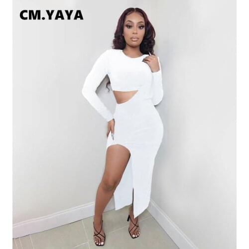 CM.YAYA Women Two Piece Set Solid O-neck Long Sleeves Short Top+long Skirts Matching Set Sexy Hollow Out Split Outfits Autumn