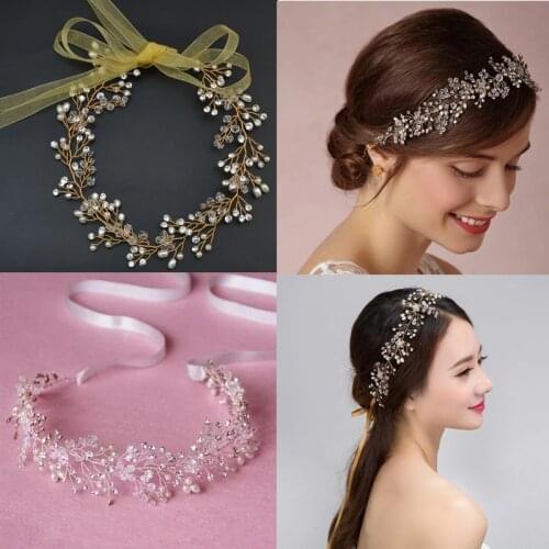 Boho Bridal Wedding Crystal bride hair accessories Pearl Flower headband Handmade hairband Beads Decoration Hair Comb For Women