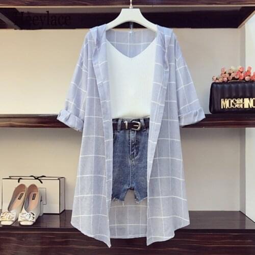 Plus size women korean casual 3 Piece Set Women 3/4 Sleeve Plaid Long Hoodies Sunscreen Shirts + Knitted Vest + Denim Short Sets