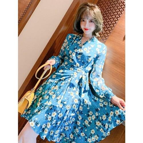 V Collar fold Lapel high waist lace up waist fresh Print Long Sleeve Dress for women 2021 Spring new High Quality Top Quality