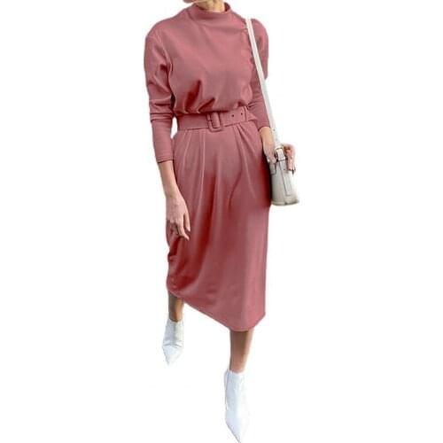 Women Dresses Fashion Autumn Winter Solid Color Long Sleeve Mock Neck Belt Knitted Midi Dress платья для женщин 2021