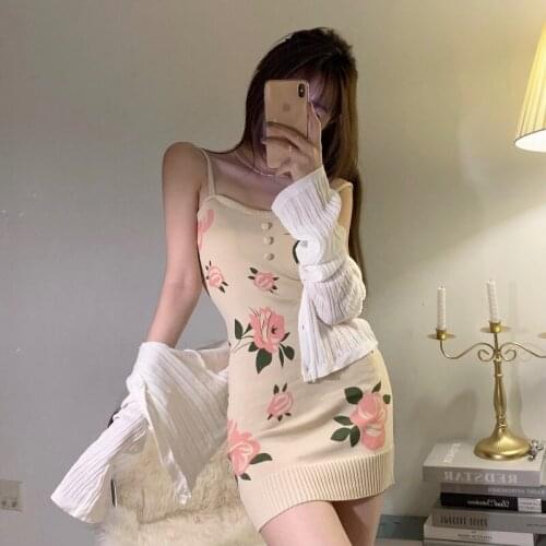 2021 Summer New Arrival Ladies Floral Knitted Mini Vintage Dress Women Sexy Slim Spaghetti Strap Bodycon Dress Female Clothes