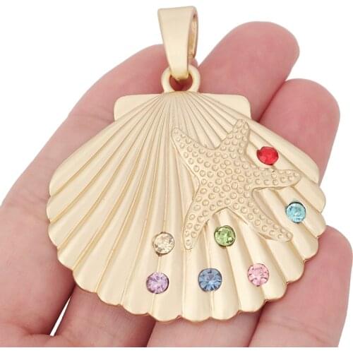 1 x Large Matte Gold Scallop Seashell Shell & Starfish Rhinestone Charms Pendants for Necklace Jewelry Making 65x52mm