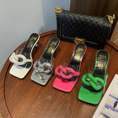 2021 summer shoes heel drag chain fashion high heels peep-toe a word procrastinates cool slippers