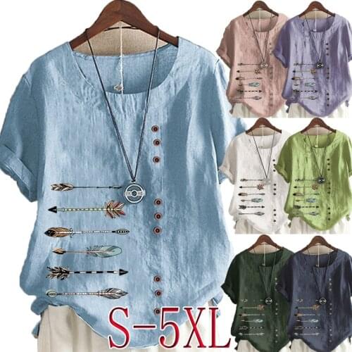 New Summer Womens Fashion Round Collar Short Sleeve Casual Linen T-Shirt Loose Ladies Blouse Tops Plus Size