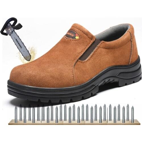Big Size Work Safety Shoes for Men Steel Toe Cow Leather Slip-on Safety Boots Men Breathable Puncture-proof Outdoor Shoes H350