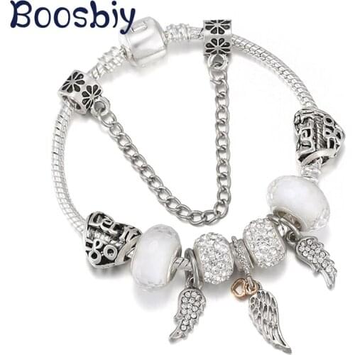European Style Brand Snake Chain Charm Bracelet With Love Wings Pendants DIY Silver Plated Romantic Jewelry Gift For Women