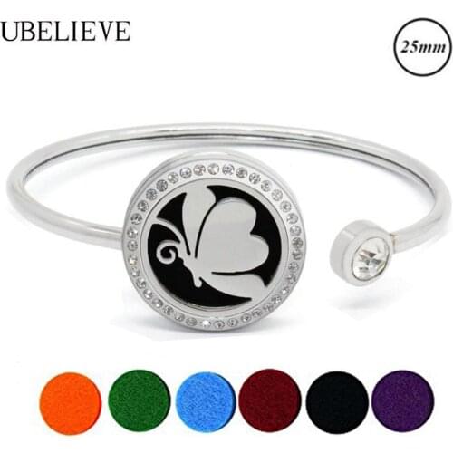Butterfly Design 25MM Essential Oil Bangle Bracelet For Women Stainless Steel Round Magnet Aromatherapy Locket Bangle With Pad