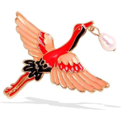 SHARPPIN Crane Enamel Brooch With Fresh Water Pearls Vintage Bird Charm Brooches Pin Womens Accessories Gift