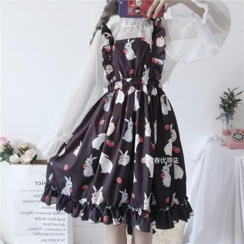 Gothic lolita jsk cos loli gothic dress Strawberry Rabbit printing kawaii girl sweet lolita dress retro lace victorian dress