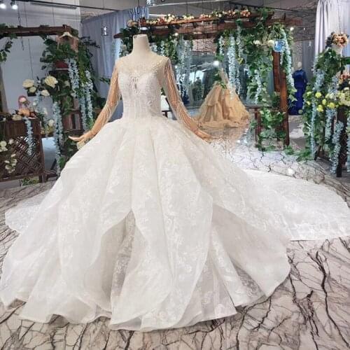 BGW HT42322 Lace Wedding Dress With Wedding Veil O Neck Appliques Long Sleeve Ball Gown Wedding Gowns Vestido De Novia De Encaje