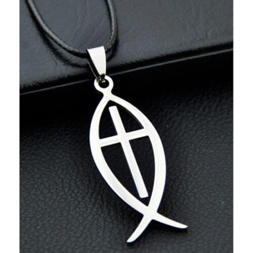 Jesus Fish Pendant Stainless Steel Necklace Ichthys Jesus cross pendant necklace ST03