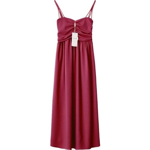 Summer Womens Dress Midi Wrap Polyester Sweet Chest Bow High Waist No-Sleeve Girl Gifts Pleated Dinner Party