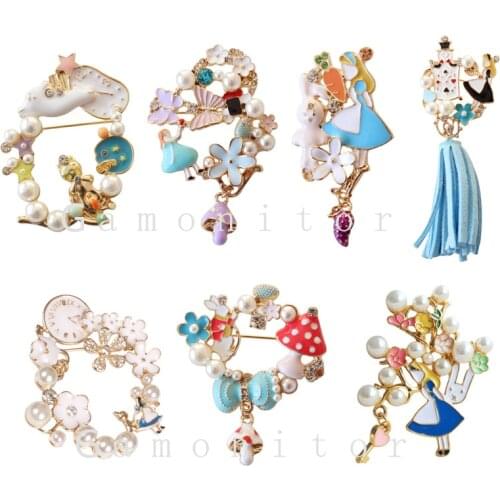 Metal Enamel Colorful Butterfly Poker Rabbit Clock Alice In Wonderland Pin Brooches For Clothing Backpack Badge