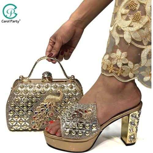 Fashionable Italian design Shoes and Bag Set African Sets gold Color African Shoes with Matching Bags for Royal Wedding Party