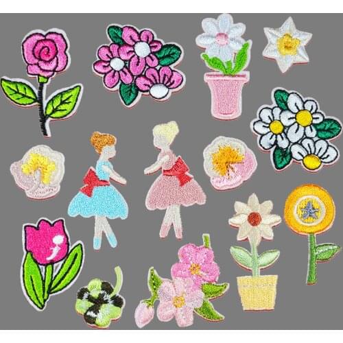 Cartoon Flowers Girl Little safflower Embroidered Patches Applique Patch Jeans Clothes Sticker Badge Iron on Floral Decor
