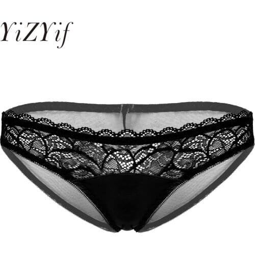 Mens Lingerie Floral Lace Patchwork Low Waist Briefs Erotic Apparel Sissy Underwear Sexy Panties See-through Back Underpants