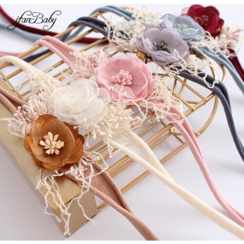 Kids Women Burned Vintage Rose Flower Headband With Pearl Nylon Stretch Headband