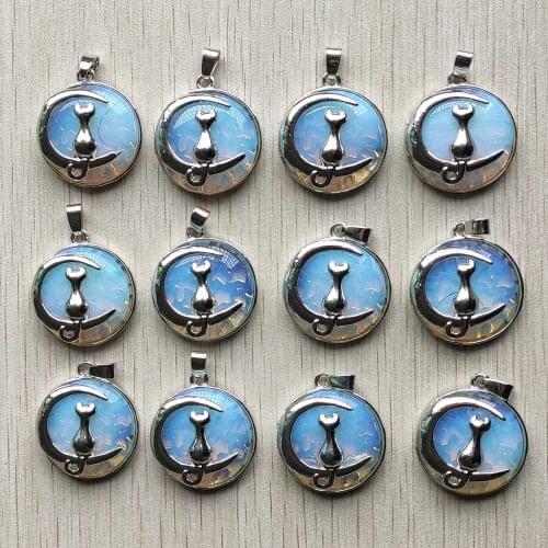 New fashion opal stone moon cat metal alloy charms Pendants for necklace jewelry accessories marking wholesale 12pcs/lot