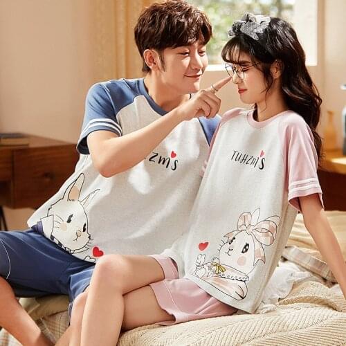 SLPBELY Couple Pajamas Set Summer Pyjama Femme Male Cotton Cartoon Short Sleeved Lover Nightwear Men And Women Sleepwear Pijama