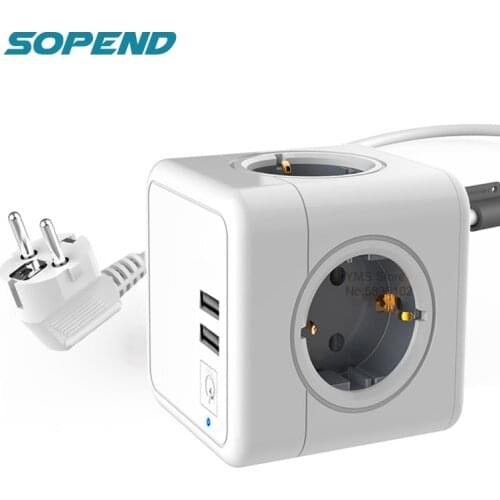 Sopend Powercube 2 USB with Switch Power Strip Eu Plug Wall Holder Socket with 1.5 M Extension Cable EU Adapter 16A Multi Outlet