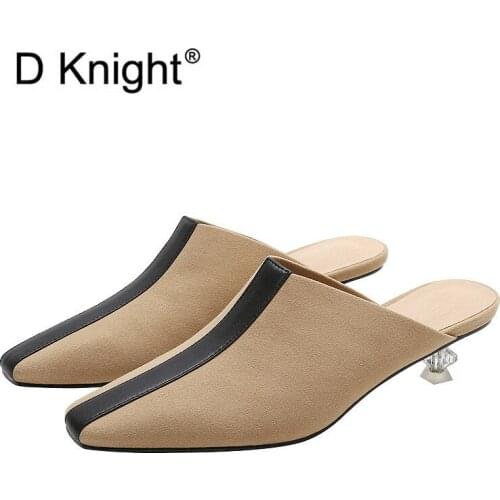 2020 Brand Designer Women Slippers Slip On Mules Crystal Low Heels Casual Shoes British Color Block Slides Heels Summer Footwear