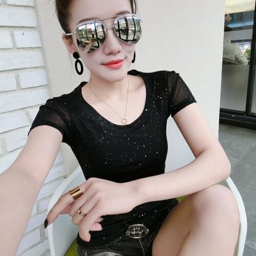 Europe summer Womens Net yarn Bronzing T-Shirts Short Sleeves Solid Color O Neck Women T shirt Tops 2021 The New