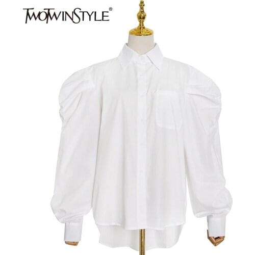 TWOTWINSTYLE White Loose Shirt For Women Lapel Puff Sleeve Minimalist Solid Casual Blouse Female 2020 Fall Fashion New Clothing
