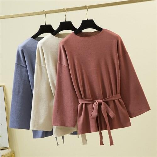 Women Winter Sweater Clothes Long Sleeve Sweater 2021 Loose Belt O-Neck Knitted Sweater Woman Pullovers Japan Korea Style Tops