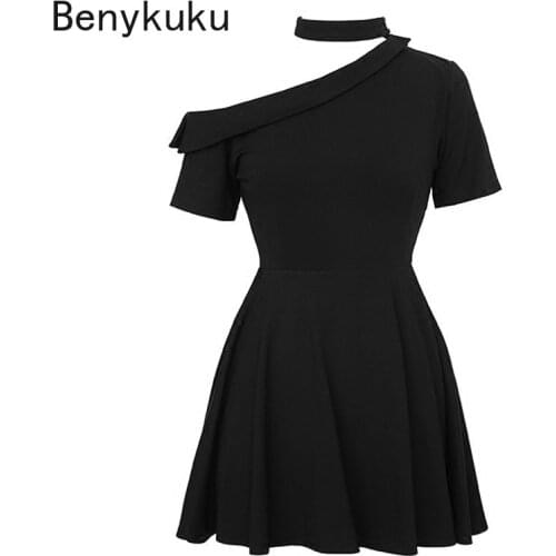 Lolita Gothic Halter Short Sleeve One Shoulder Slim Short Dress 2020 Summer Sexy Black Dress Women Summer Club Party Mini Dress