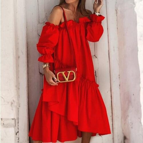 Sexy Red Off Shoulder Dress Women Autumn Summer Long Sleeve Irregular Ruffled Maxi Dresses 2021 Holiday Boho Beach Wear Vestidos