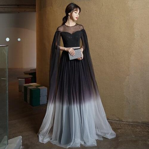 New O-Neck Evening Dress Empire Full Sleeves Elegant Simple A-Line Zipper Back Pleat Floor-Length Woman Formal Party Gowns A1391